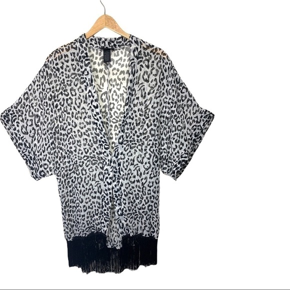 STEVE Madden Sheer Black White Fringed Swim Cover up Kimono Leopards Print O/S - Picture 3 of 10